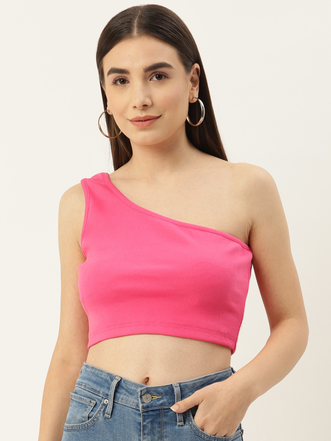 Buy Besiva Women Ribbed Sleeveless One Shoulder Solid Crop Top Tops