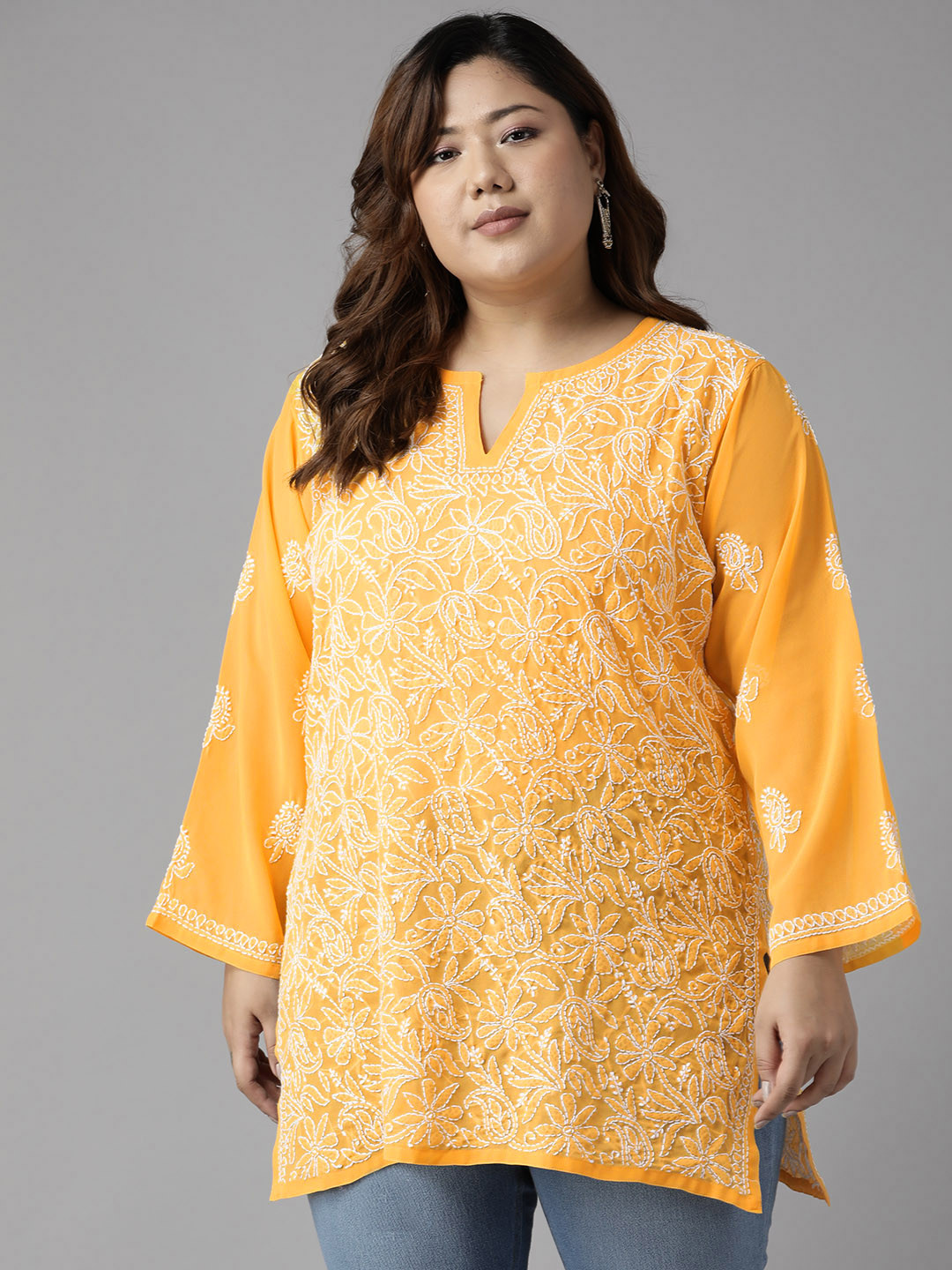Buy ADA Yellow & White Ethnic Motifs Embroidered Plus Size Chikankari
