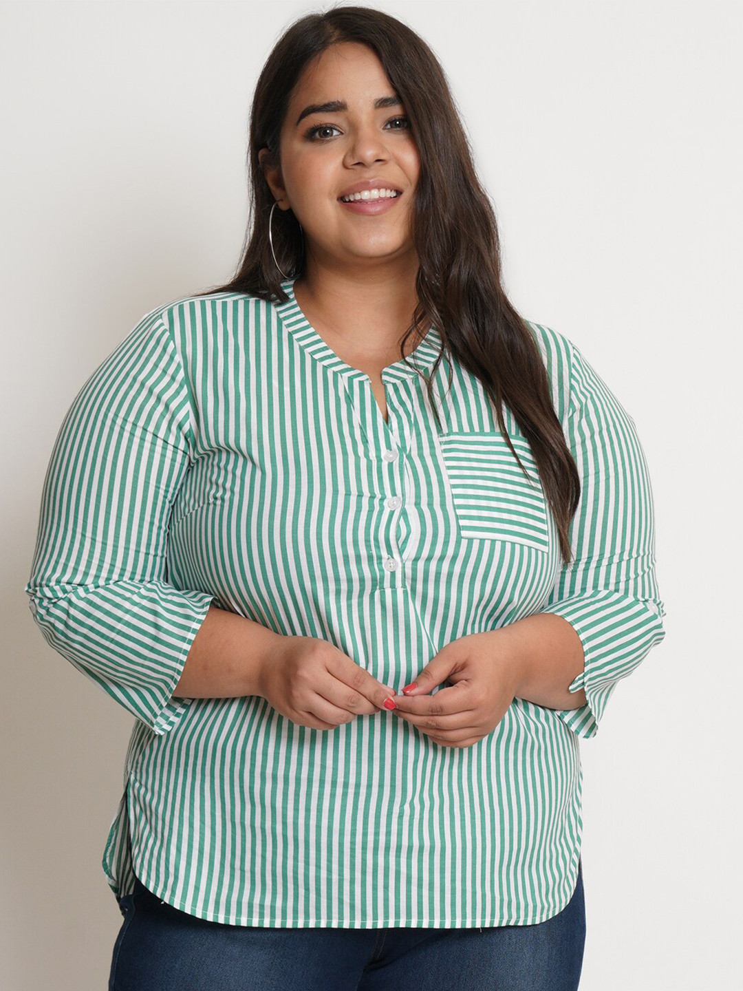 Women's Sea Green Mandarin Collar Crepe Shirt Style Top main image 1