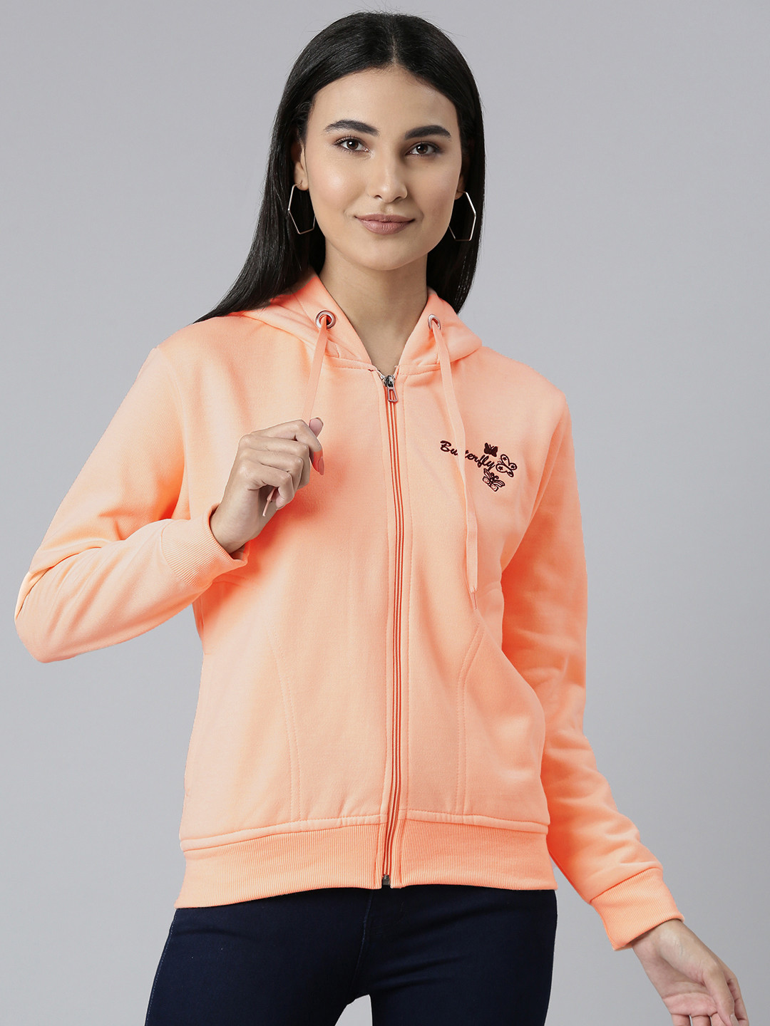 Buy ADBUCKS Women Peach Coloured Embroidered Hooded Sweatshirt