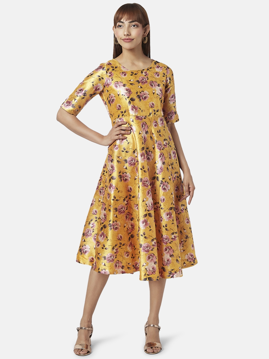 Buy AKKRITI BY PANTALOONS Women Mustard Yellow Floral Midi Dress ...