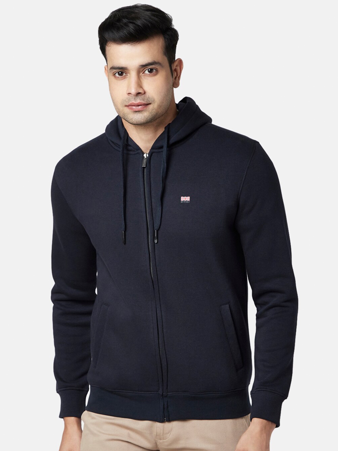 Buy BYFORD By Pantaloons Men Navy Blue Solid Front Open Hooded ...