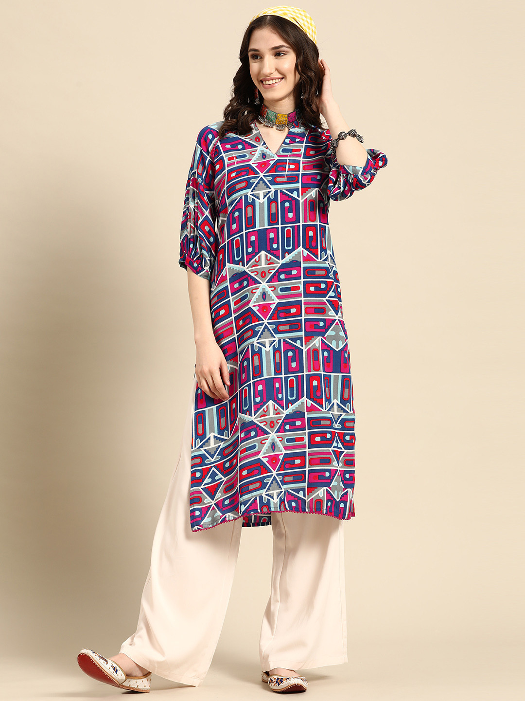 Buy Sangria Geometric Printed Pom Pom Detailed Puff Sleeves Straight Kurta Kurtas for Women