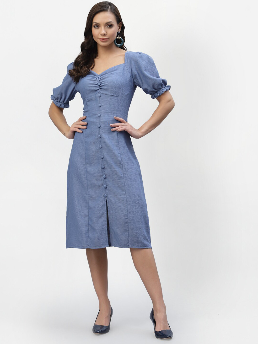 AAYU Women Chiffon Ruched Midi A-Line Dress