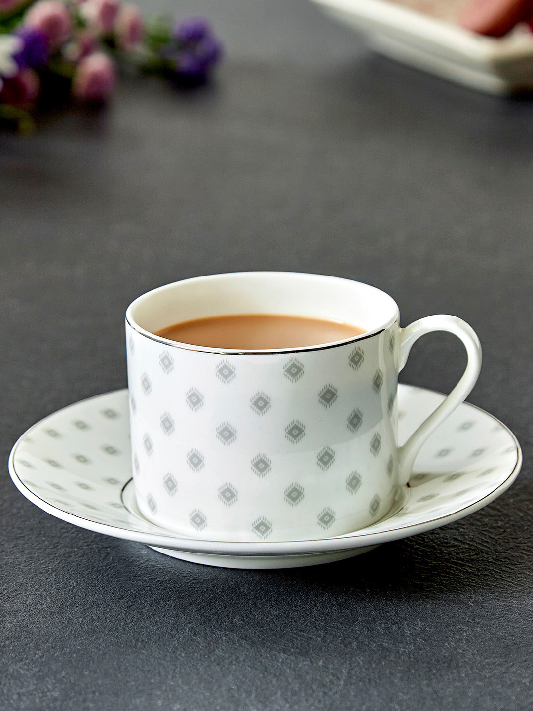 Buy Home Centre White & Grey Grey Grey Ethnic Motifs Printed Bone China Matte Cups And Saucers