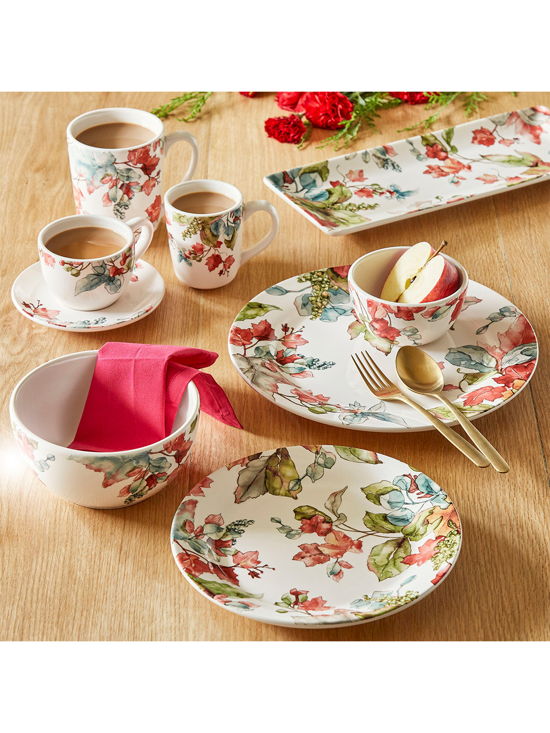 Buy Home Centre White & Red Red Red Hand Painted Printed Stoneware Matte Cups And Saucers Set Of
