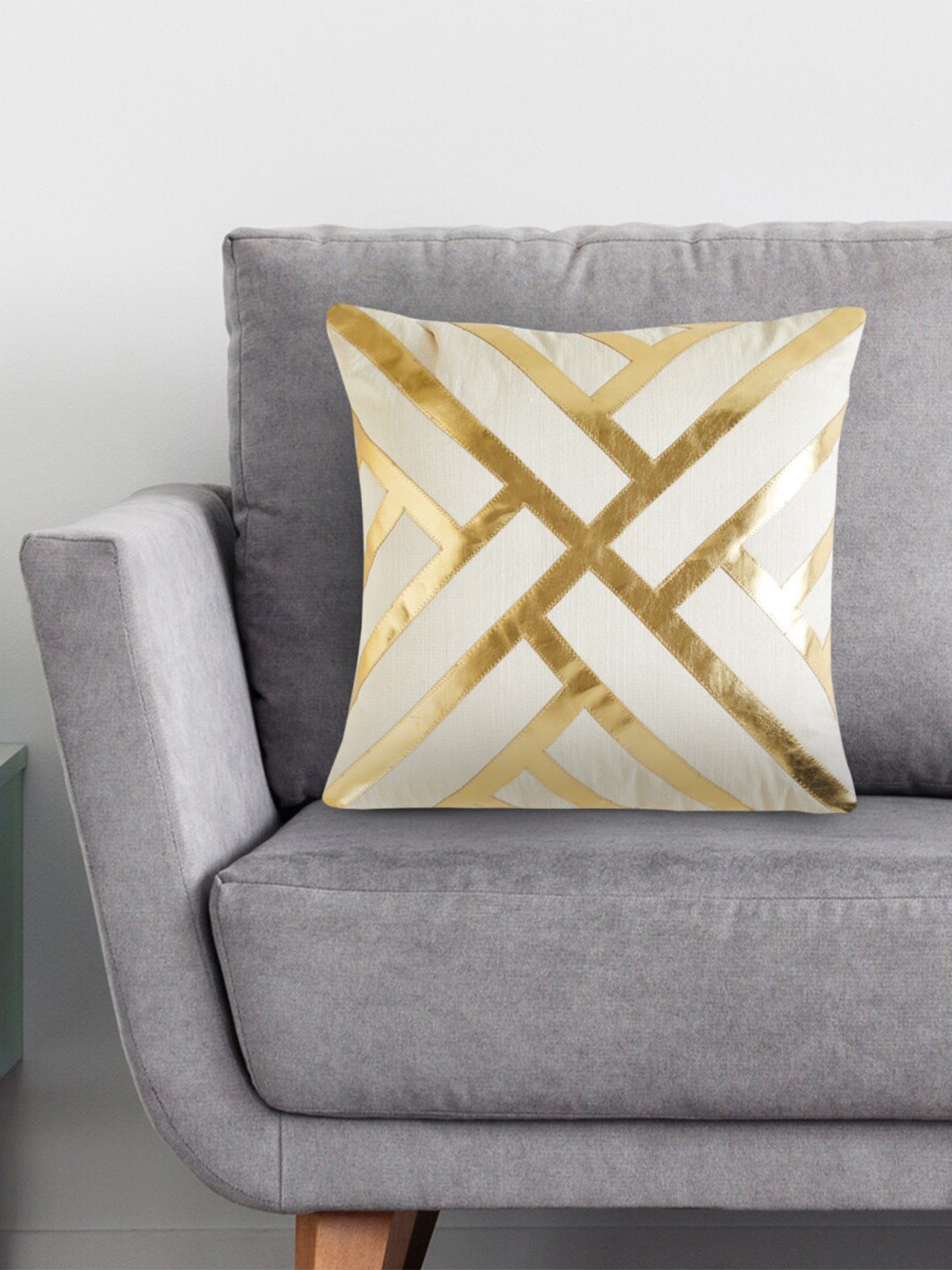 Buy Home Centre Gold Toned & Cream Coloured Striped Square Cushion