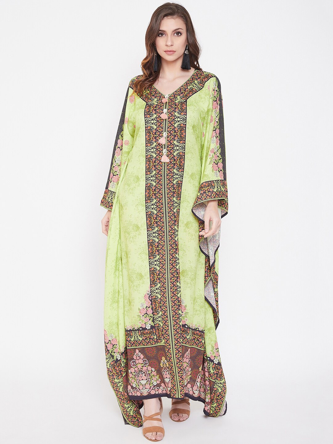 Vivo Thando Wide Kaftan Maxi Dress - Green / Mustard Print