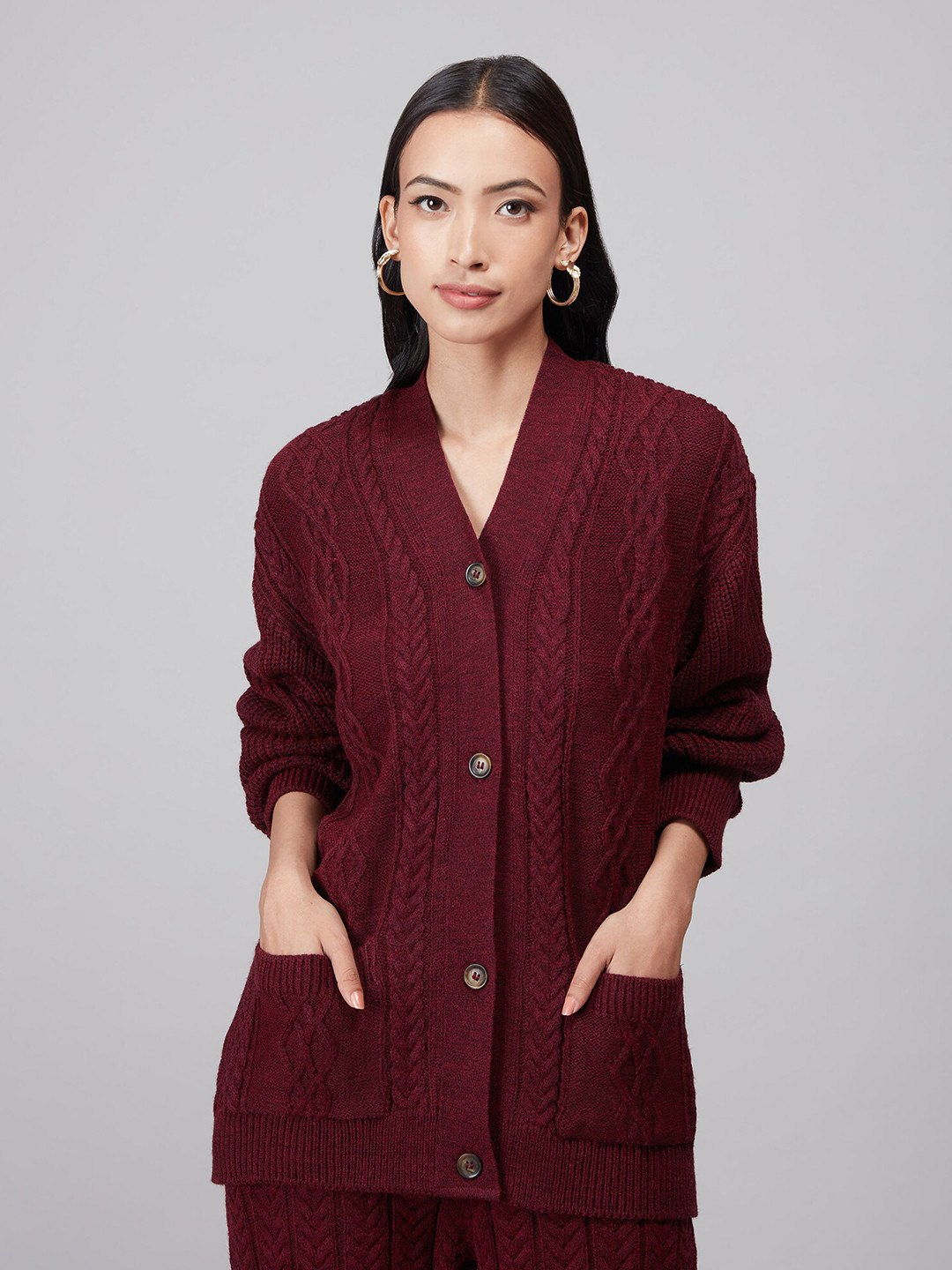 Buy 20Dresses Women Maroon Cable Knit Cardigan Sweater Sweaters for