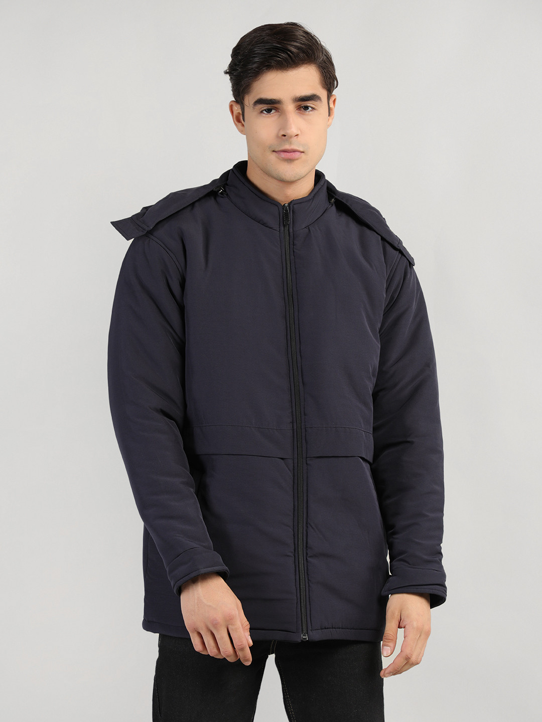 Buy CHKOKKO Men Navy Blue Longline Outdoor Padded Jacket Jackets for
