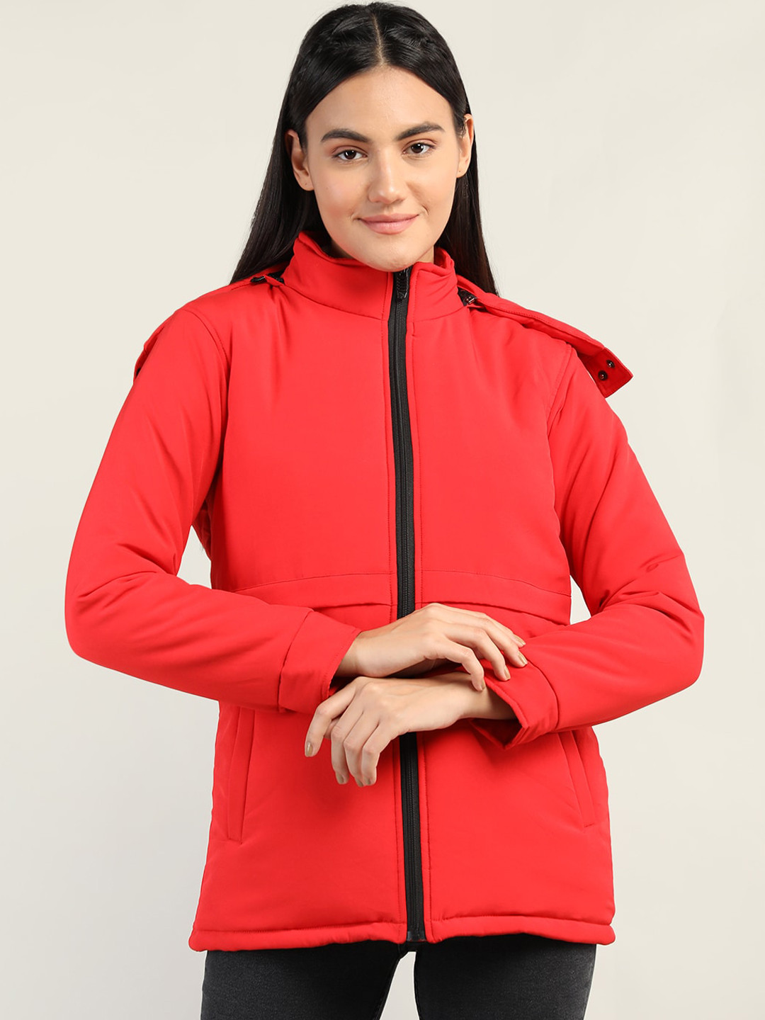 Buy CHKOKKO Women Red Lightweight Longline Outdoor Padded Jacket