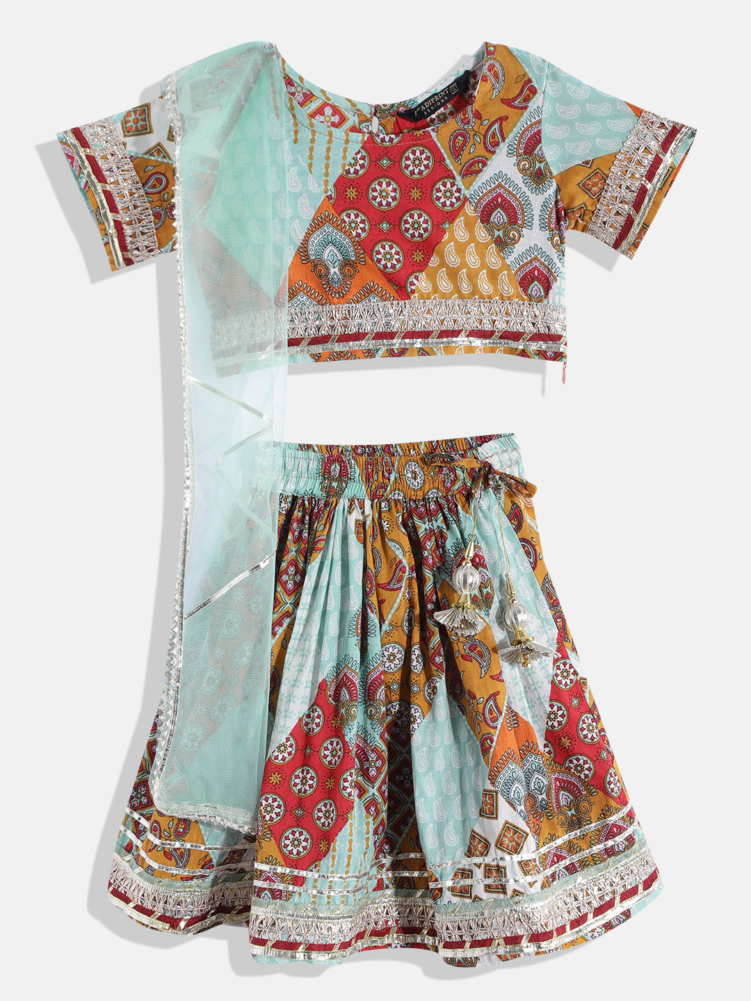 Blue Floral Top in Layered Frills With Lehenga in Printed Muslin for Girls main image 0