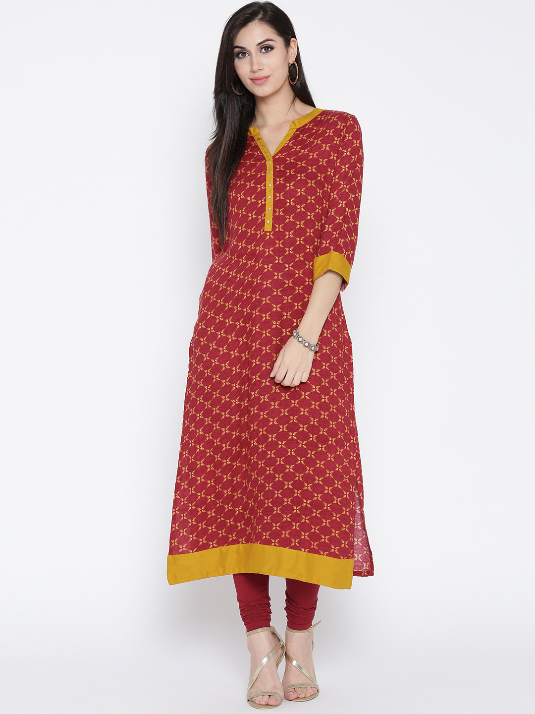 Buy Shree Women Red & Yellow Printed A Line Kurta Kurtas for Women