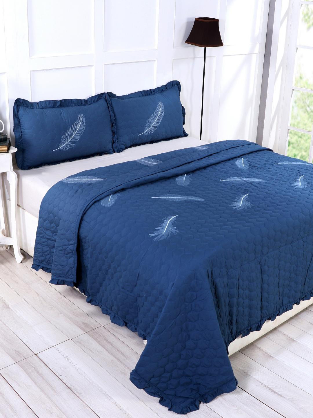 Buy A Homes Grace Navy Blue Printed Double King Bed Cover With 2 Pillow