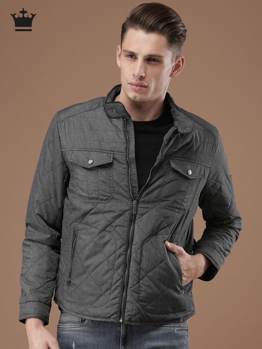 Buy Louis Philippe Men Grey Solid Quilted Jacket - Jackets for Men ...