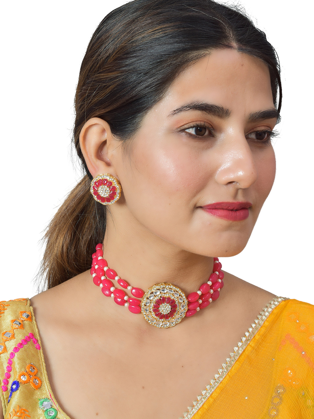 Buy ROHINIKA Gold Plated Pink Kundan Studded & Beaded Jewellery Set