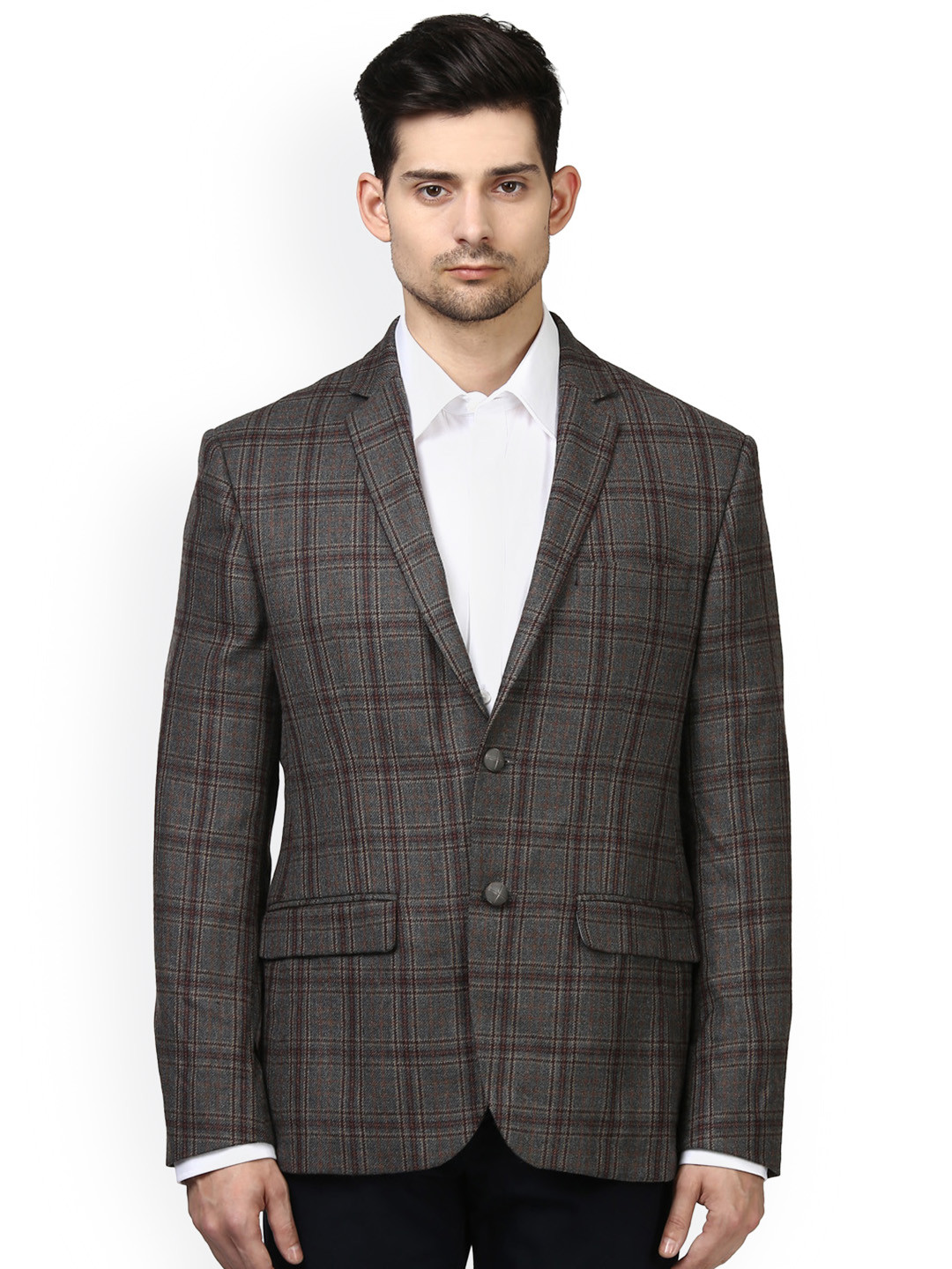 Men's Grey Checked Notched Lapel Slim Fit Single Breasted Blazer