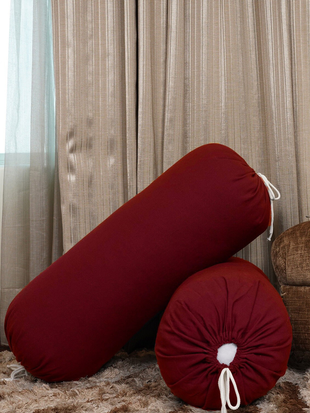 Buy HOMEMONDE Set Of 2 Maroon Solid Pure Cotton Bolster Covers