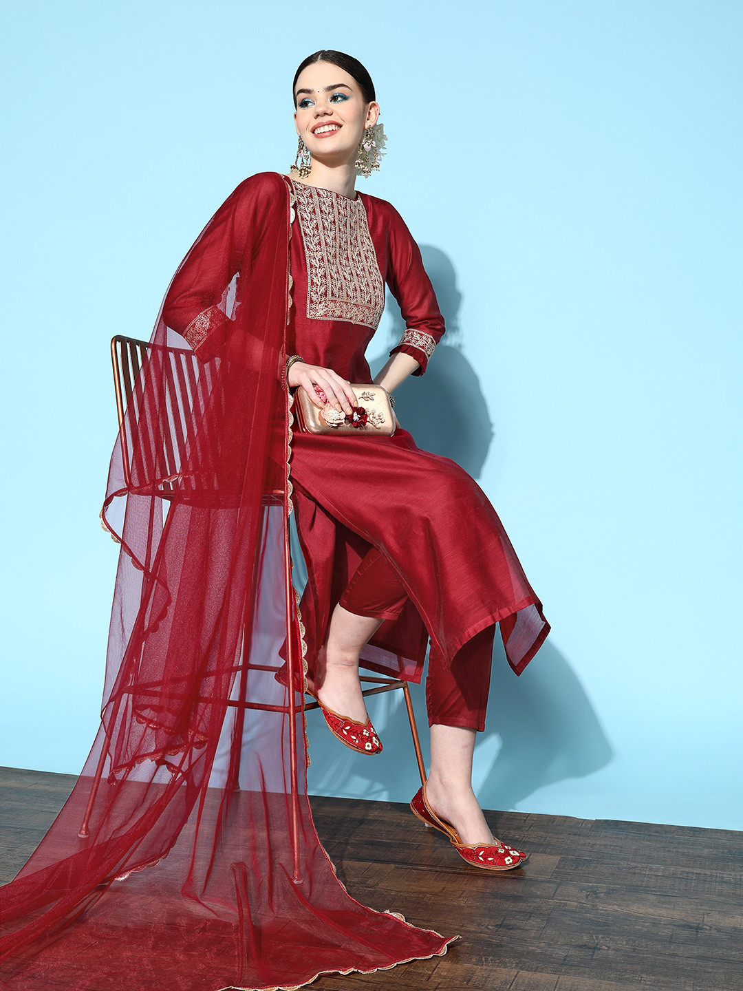 Women Black & Maroon Striped Sequined Kurta with Trousers & Dupatta