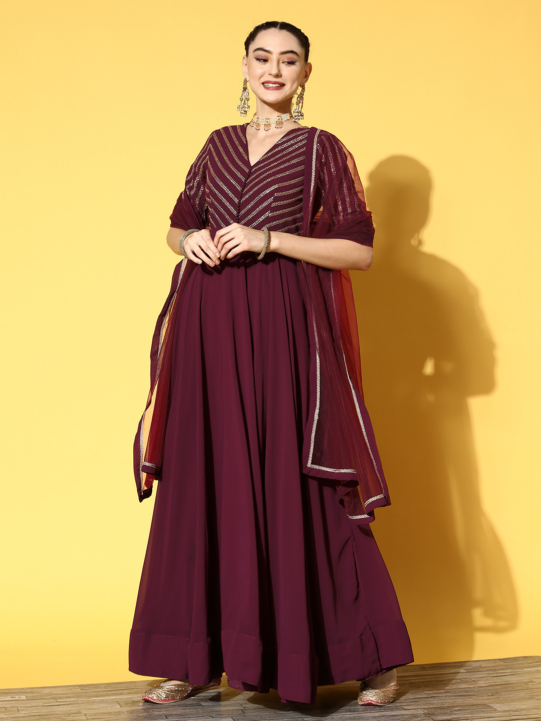 Mauve Embroidered Net Anarkali Kurta With Trousers & Dupatta