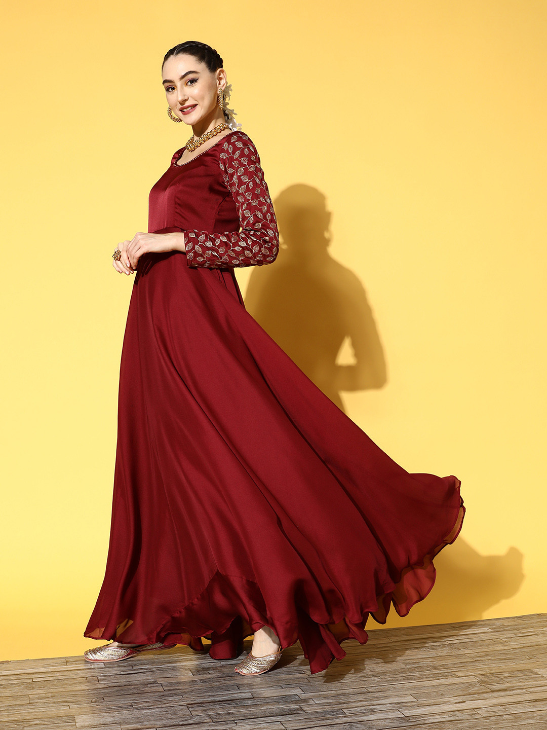 Women Maroon Fox Georgette Embroidery Work Kurta Set With Dupatta