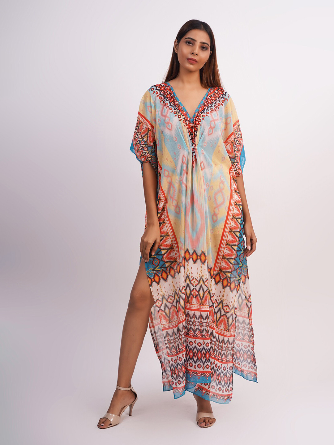 Buy Rajoria Instyle Red & Blue Tribal Kaftan Maxi Dress