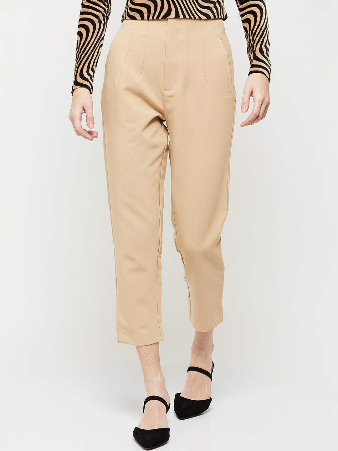 Buy Max Women Beige Pleated Solid Trousers - Trousers for Women ...