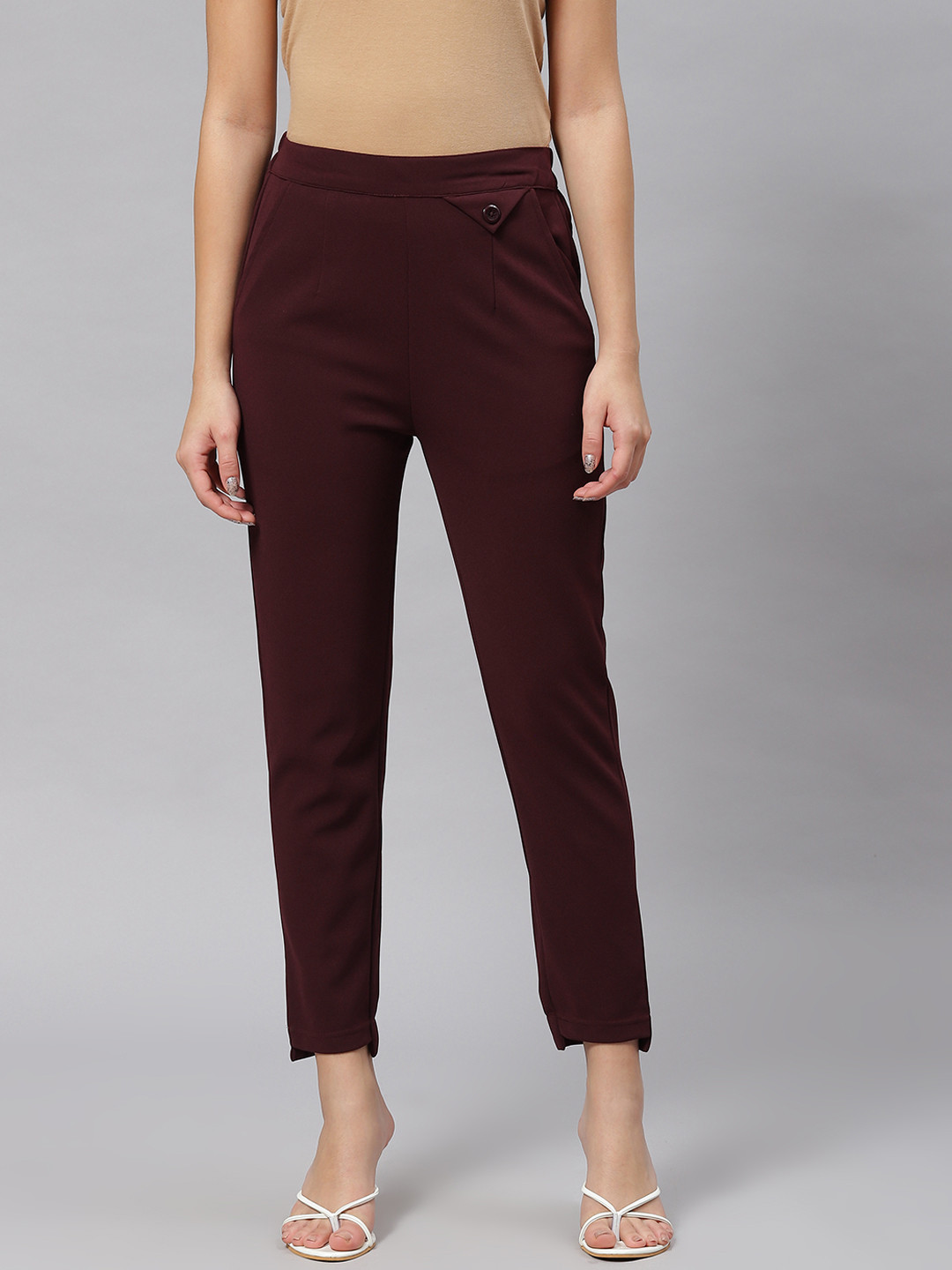 Women Maroon Solid Pleated Trouser