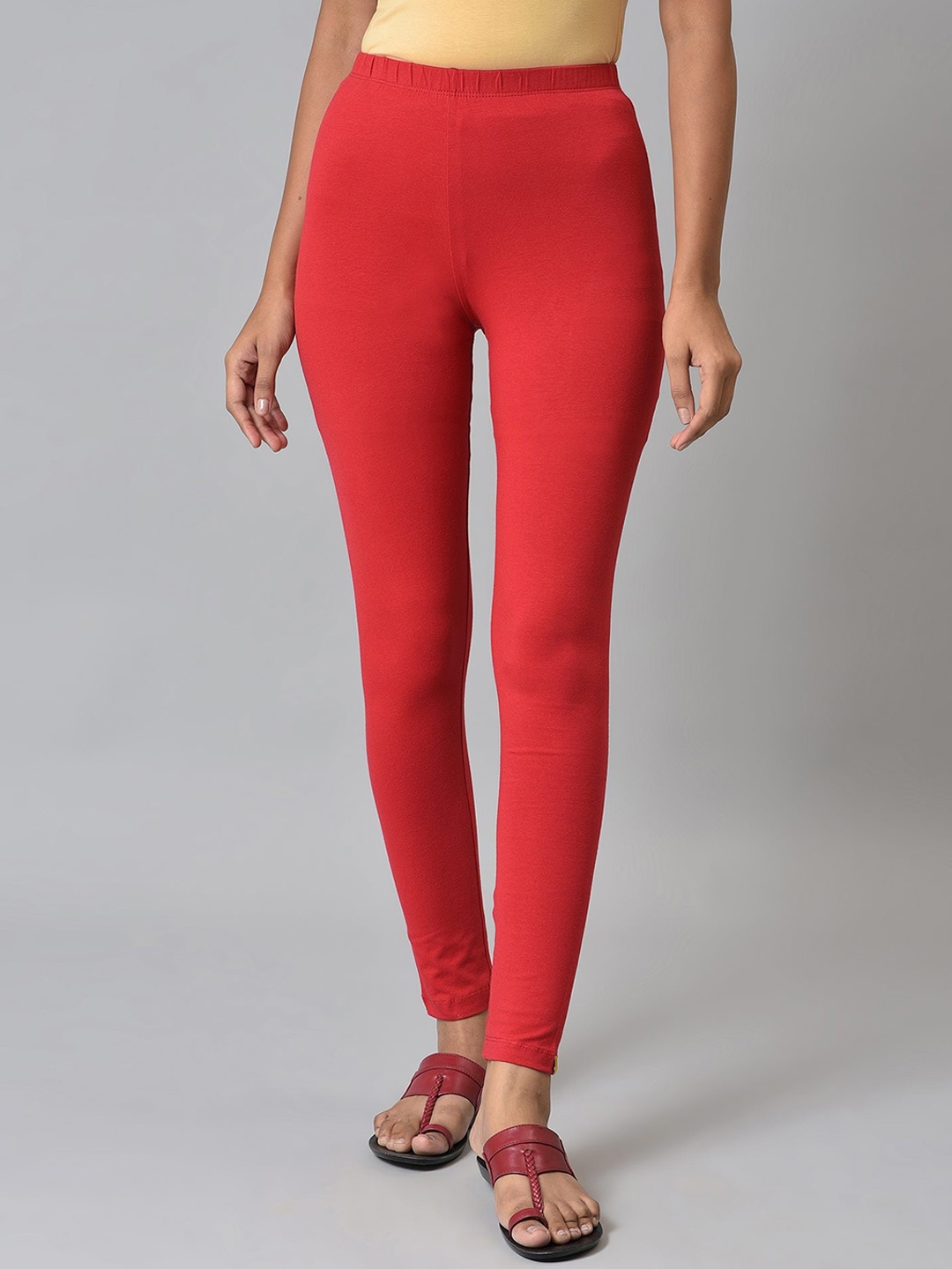 Buy AURELIA Women Red Solid Cotton Ankle Length Leggings - Leggings for ...