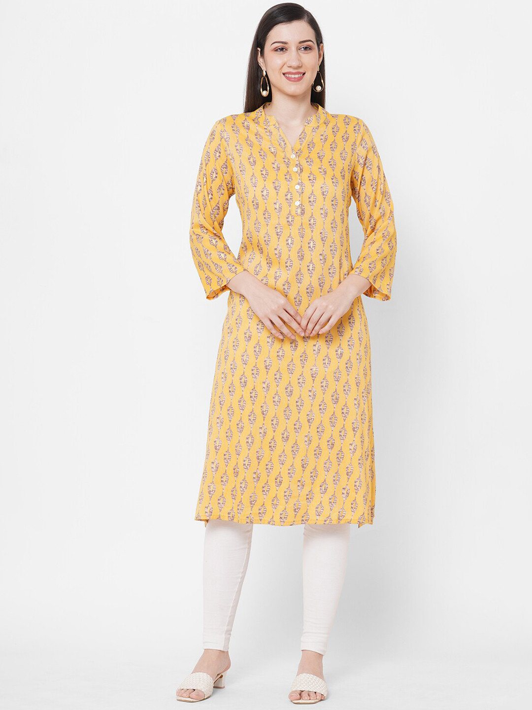 Women Yellow Printed Kurta With Trousers