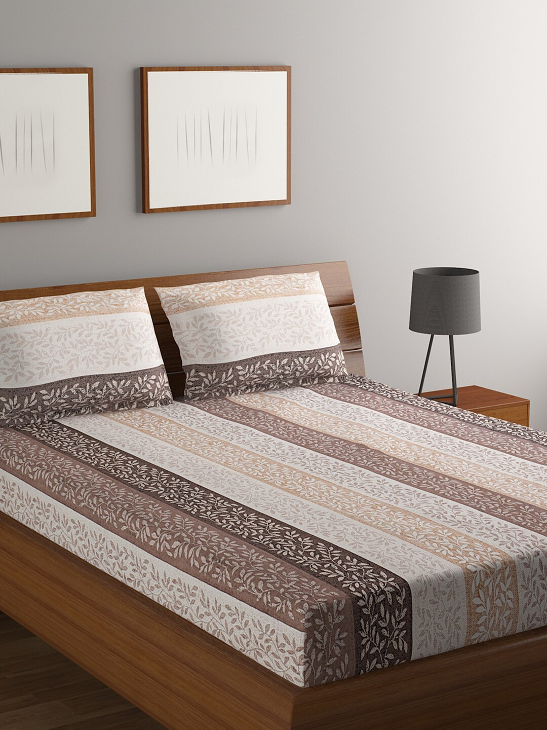 Buy BOMBAY DYEING White & Brown Floral 180 TC Pure Cotton King Bedsheet
