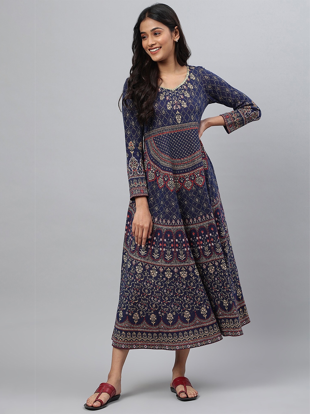 Buy AURELIA Blue Ethnic Motifs Ethnic A Line Midi Dress - Ethnic ...