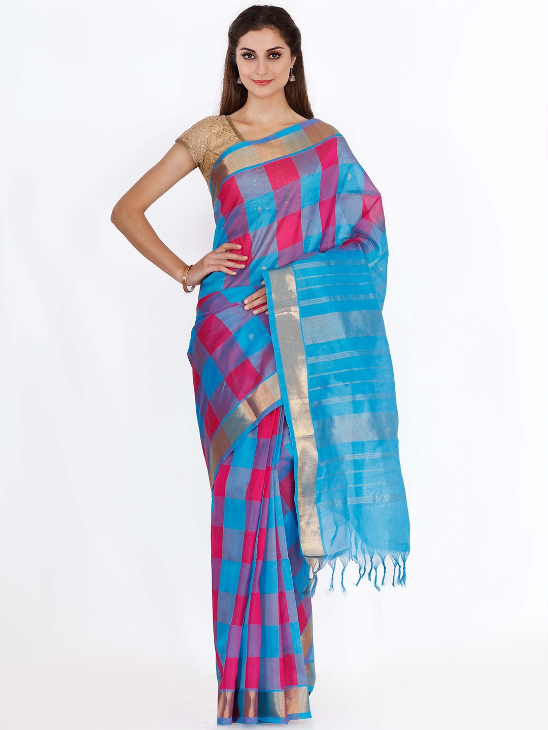 Buy The Chennai Silks Classicate Blue & Pink Silk Cotton Woven Design ...