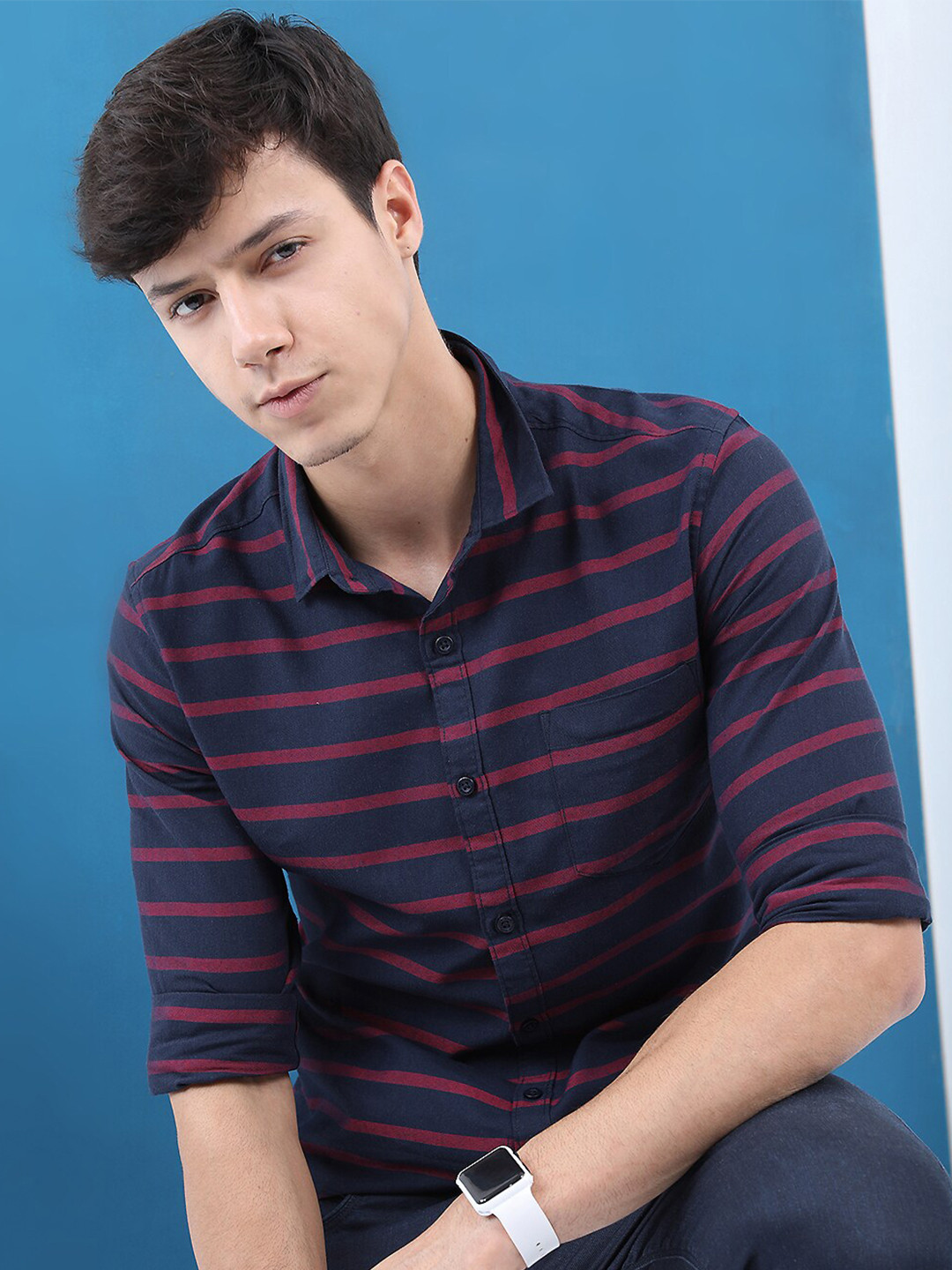Men's White Horizontal Striped Cotton Standard Slim Fit Casual Shirt