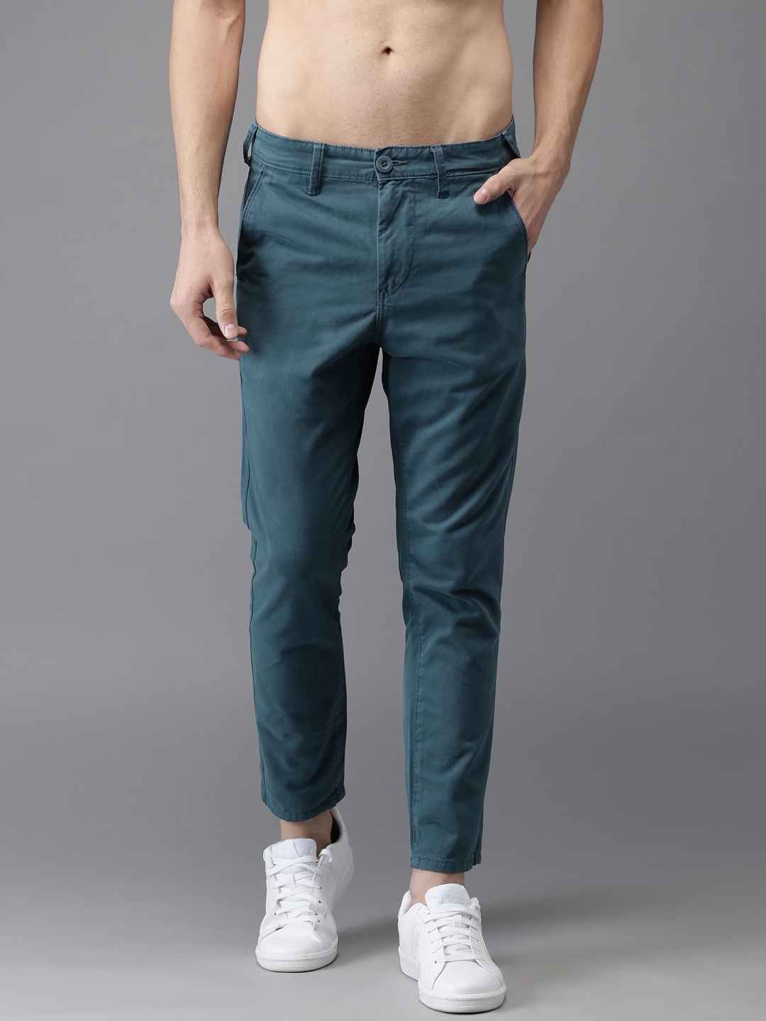 Buy HERE&NOW Men Teal Blue Slim Fit Solid Cropped Chinos - Trousers for ...