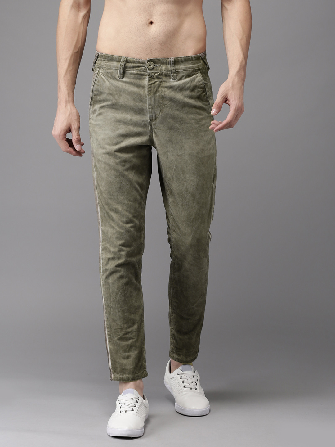 Buy HERE&NOW Men Olive Green Slim Fit Solid Regular Trousers Trousers