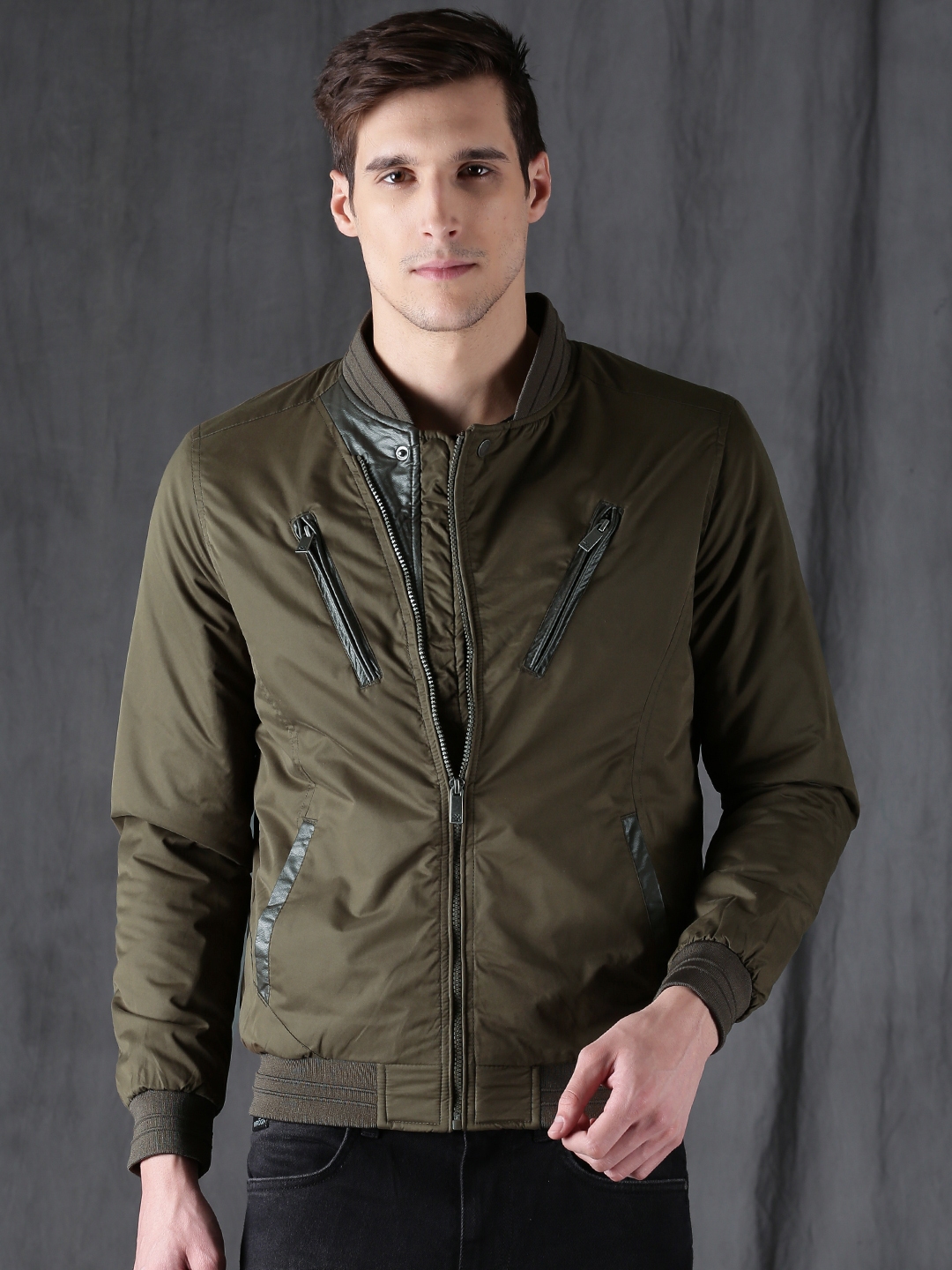 Buy WROGN Men Olive Green Slim Fit Solid Bomber Jacket - Jackets for ...
