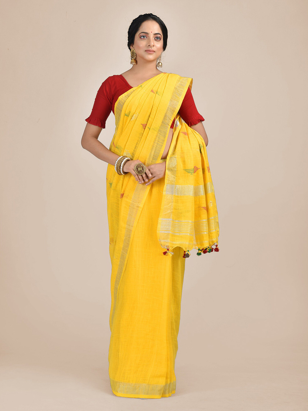 Yellow - Bengal Pure Cotton Zari Tant Handloom Saree 65