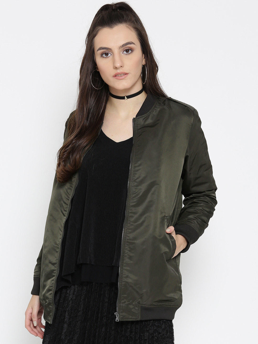 Buy FOREVER 21 Women Olive Green Solid Bomber Jacket Jackets for