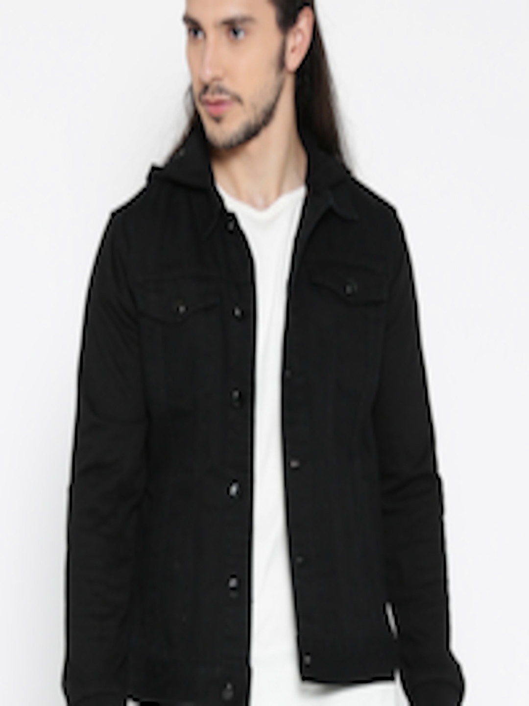 Buy FOREVER 21 Men Black Solid Denim Jacket With Detachable Hood ...