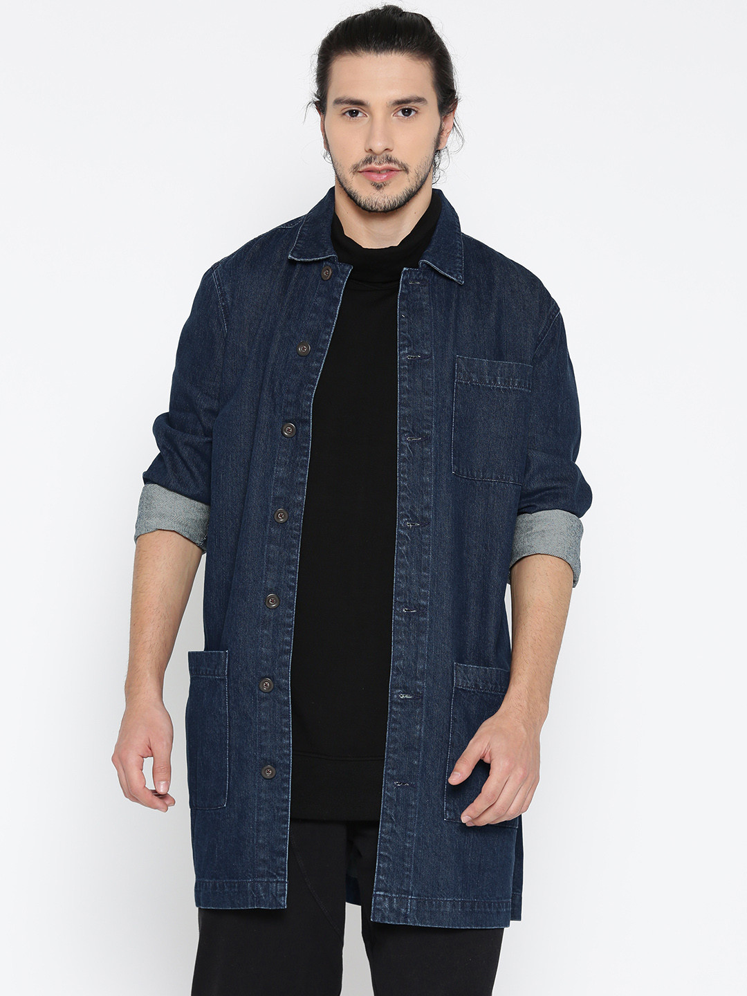 Buy FOREVER 21 Men Blue Solid Longline Denim Jacket Jackets for Men