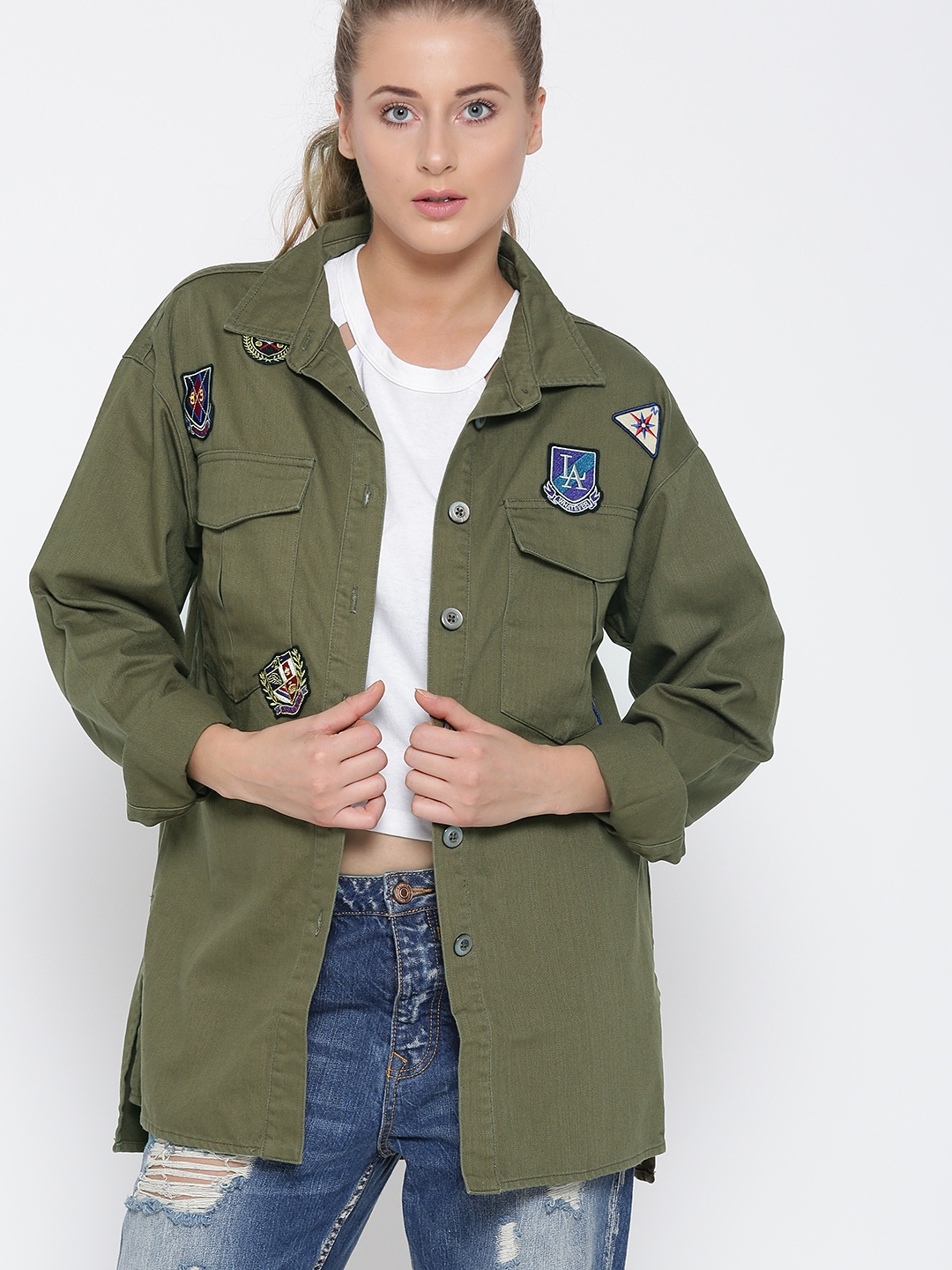 jean jacket with olive green pants