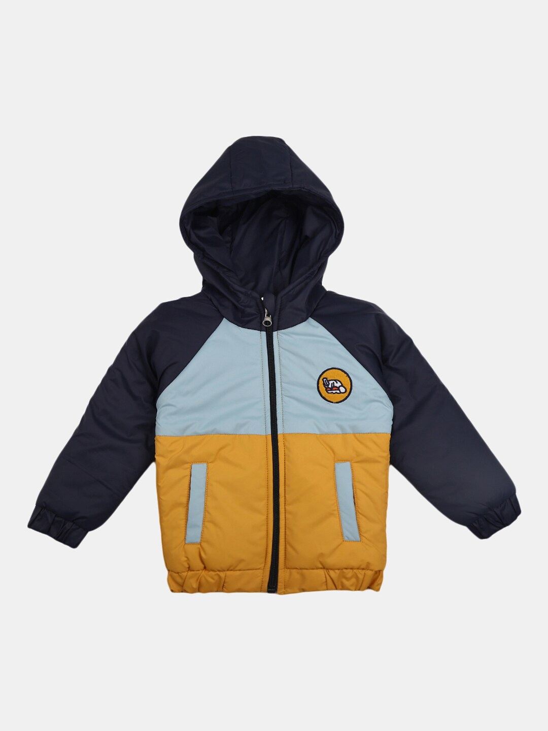 Buy V Mart Kids Navy Blue & Yellow Colourblocked Hooded Padded Jacket ...