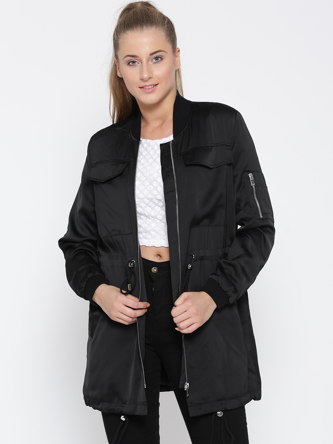Buy FOREVER 21 Women Black Solid Longline Jacket Jackets for Women