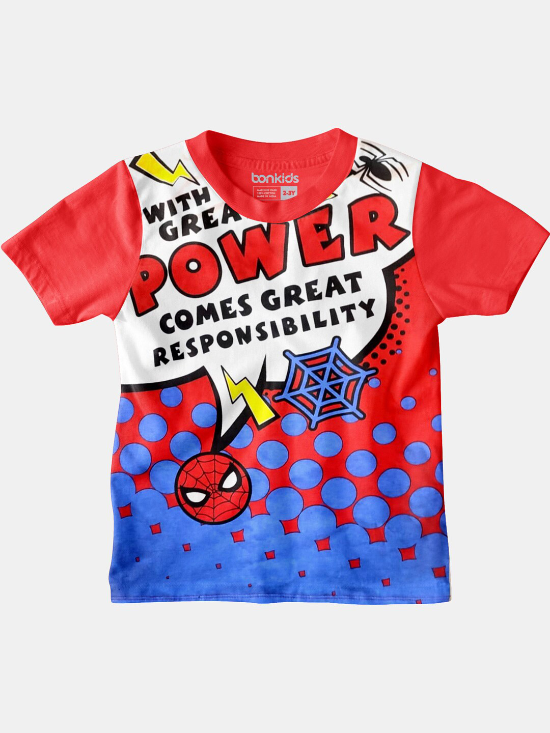 Buy BONKIDS Boys Red Typography Spider Man Printed Round Neck Cotton T