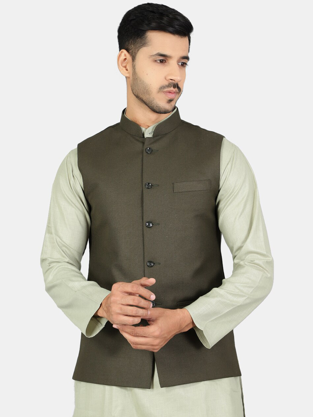 Men Olive Green Solid Nehru Jacket