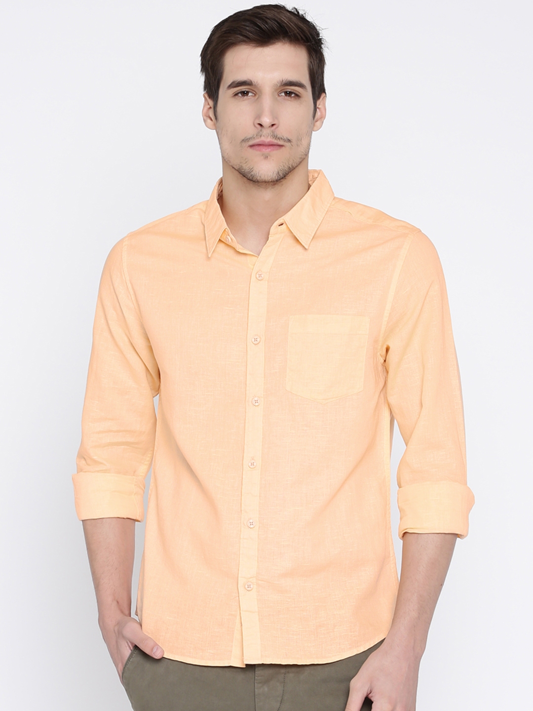 Buy HERE&NOW Men Orange Regular Fit Solid Casual Shirt - Shirts for Men ...
