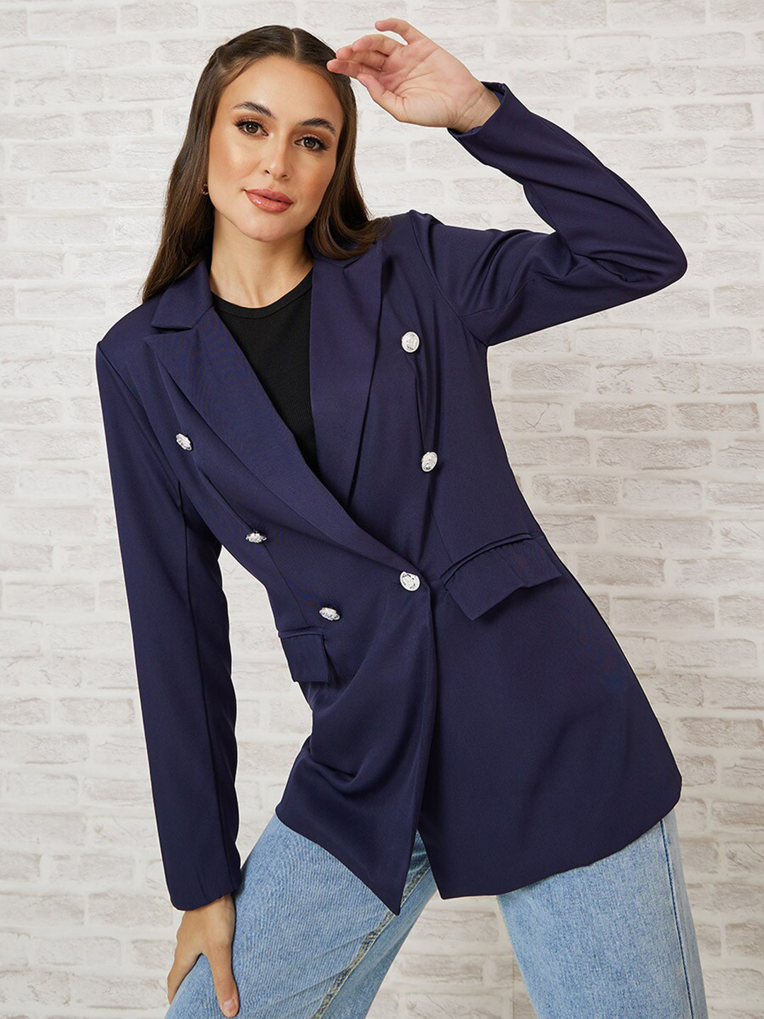 Buy Styli Women Double Breasted Longline Blazer With Padded Shoulder