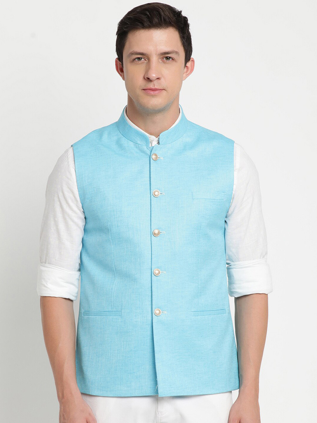 Men'S Blue Solid Nehru Jacket With Square Pocket main image 0