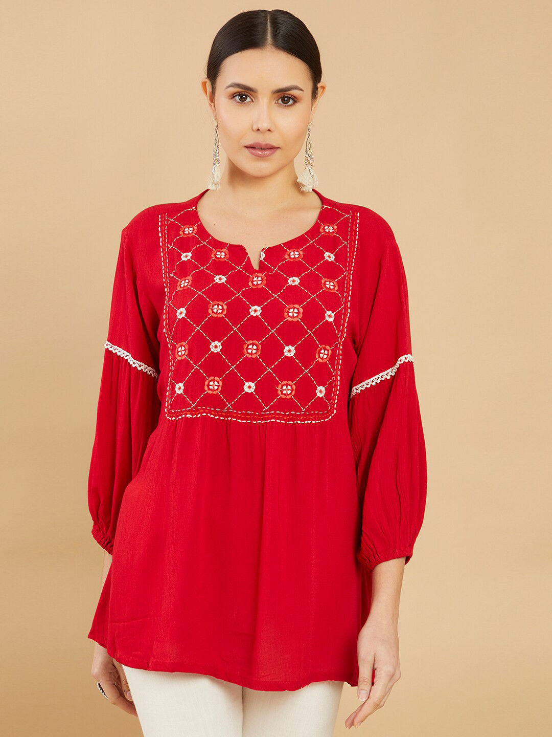 Buy Soch Red & White Viscose Rayon Embroidered Tunic Tunics for Women